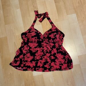 Aqua Green-Black and Red Floral Halter SwimTop